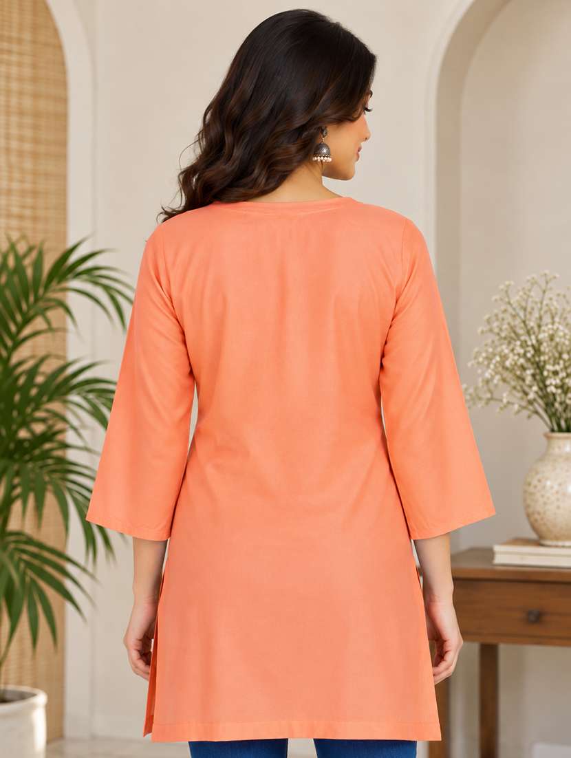 Women Embroidered Three Quarter Sleeves Straight Kurti - 22744430 -  Standard Image - 3