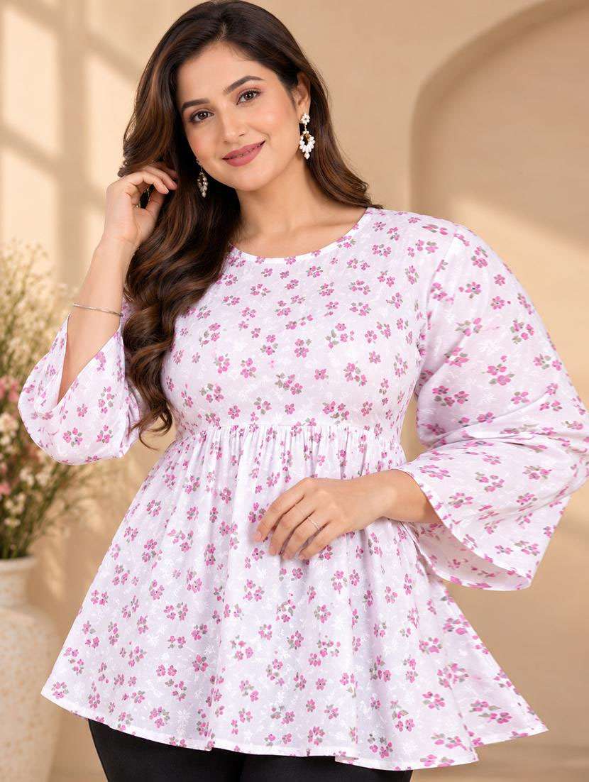 women printed three quarter sleeves flared kurti