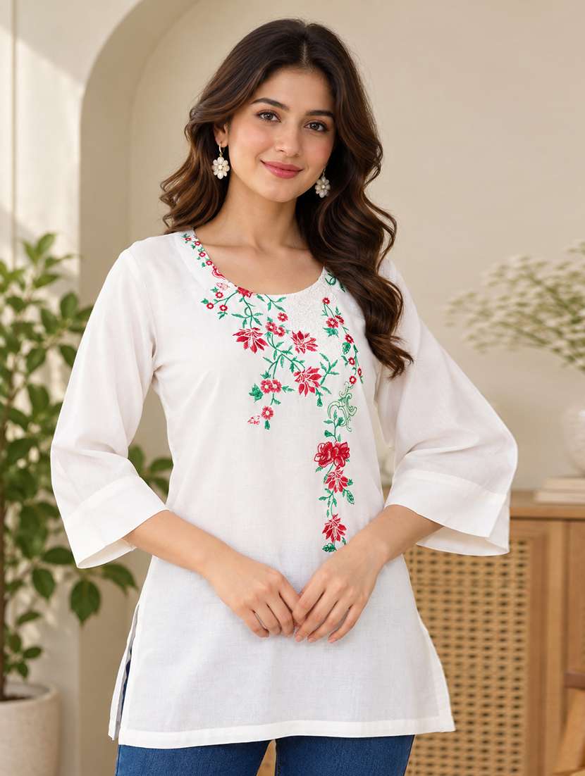 women embroidered three quarter sleeves straight kurti