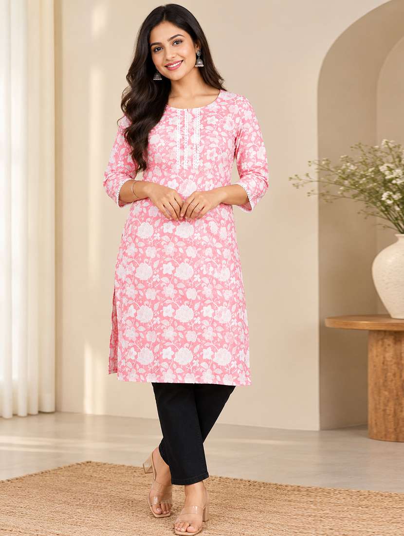 women printed three quarter sleeves straight kurti