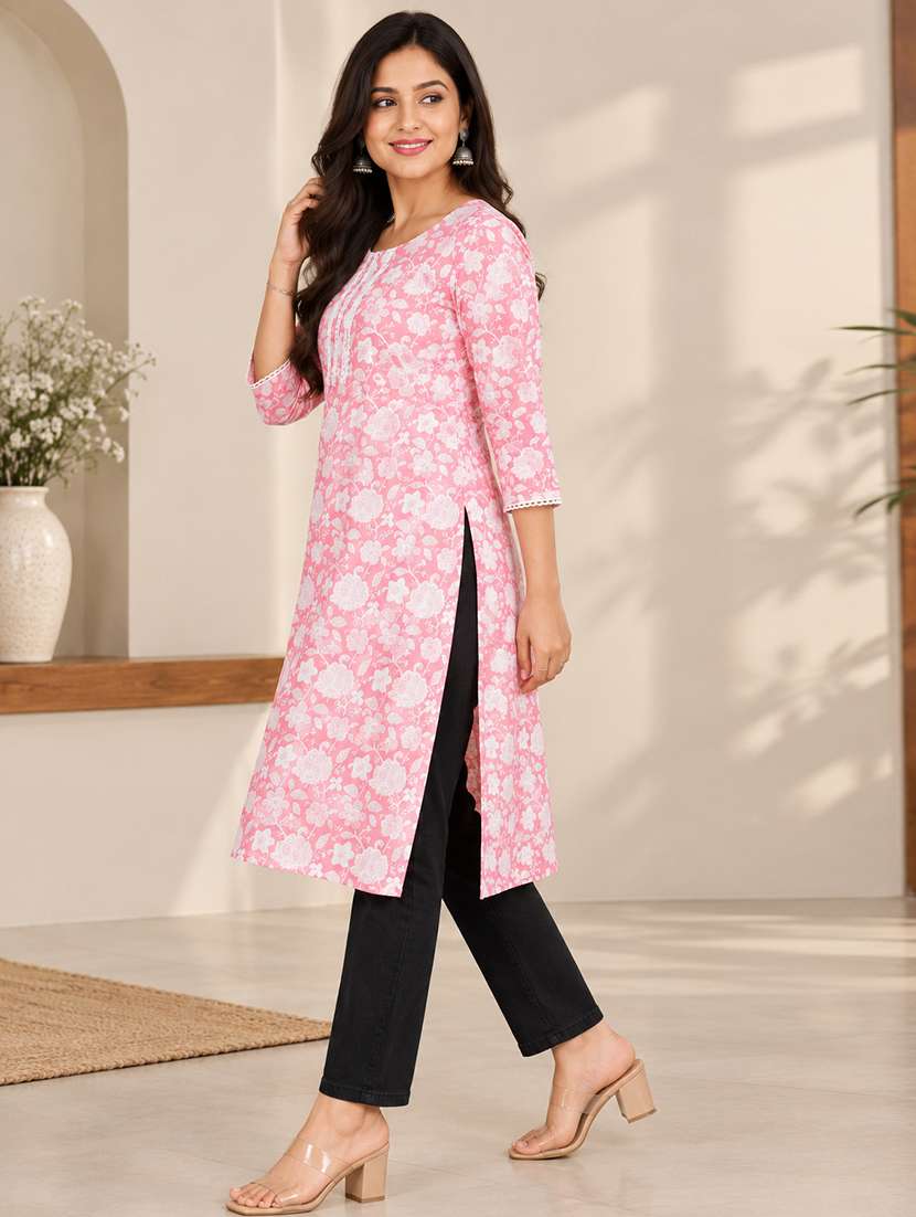 Women Printed Three Quarter Sleeves Straight Kurti - 22744434 -  Standard Image - 3