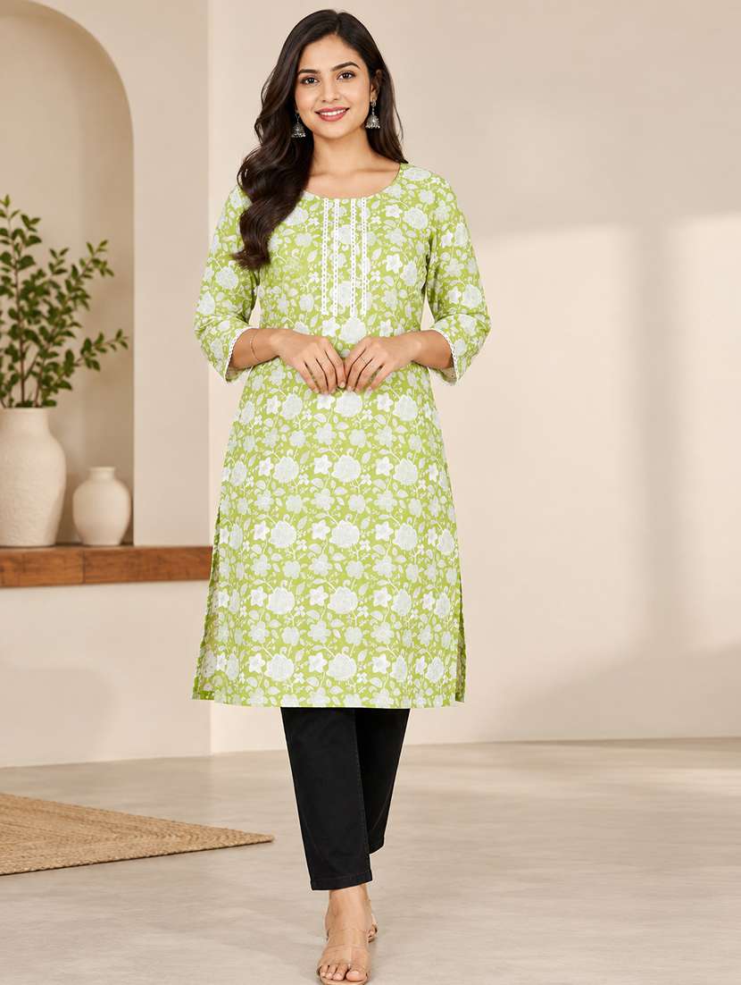 women printed three quarter sleeves straight kurta
