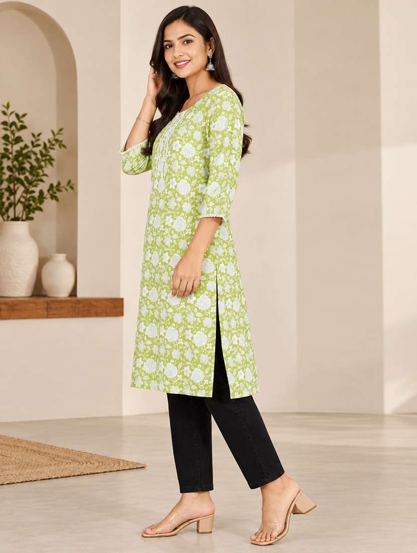 Women Printed Three Quarter Sleeves Straight Kurta - 22744435 -  Standard Image - 3