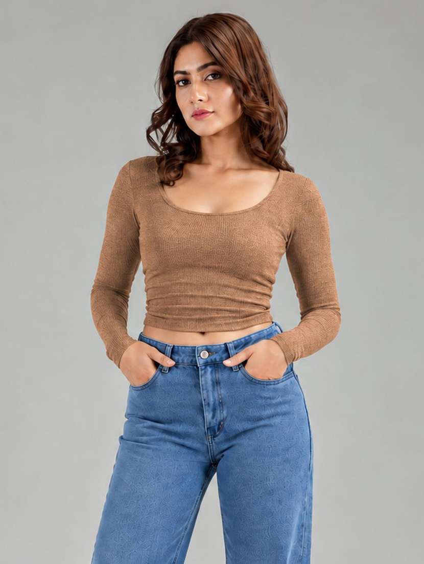 women solid long sleeves crop top