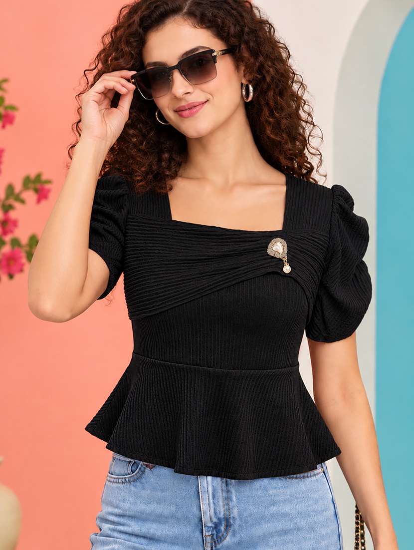 women self design puff sleeves peplum top