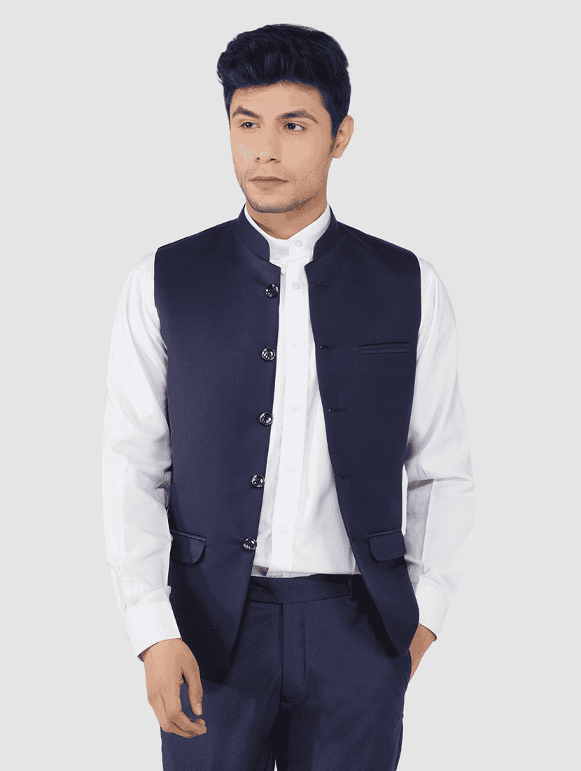 men solid sleeveless regular fit nehru jacket