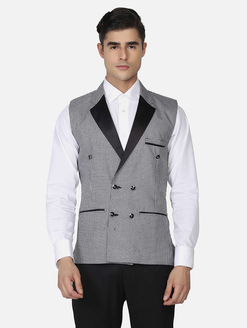 men checkered sleeveless regular fit waist coat