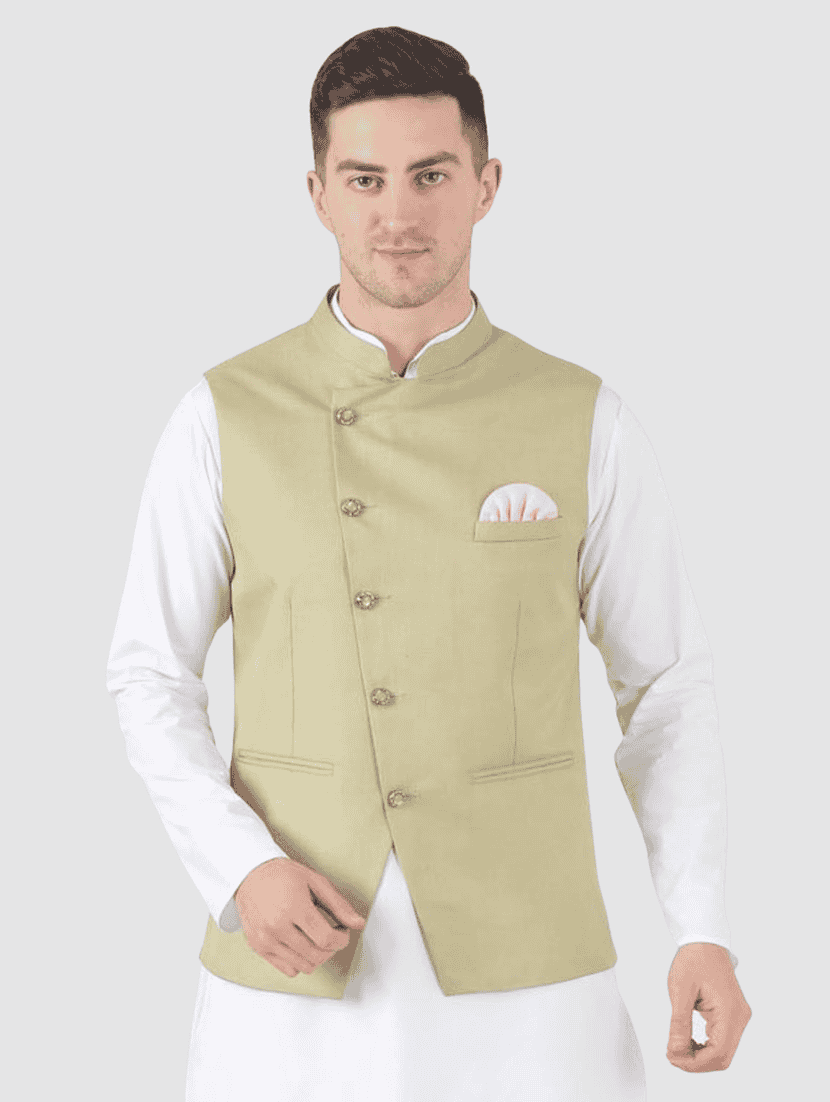 men solid sleeveless regular fit nehru jacket