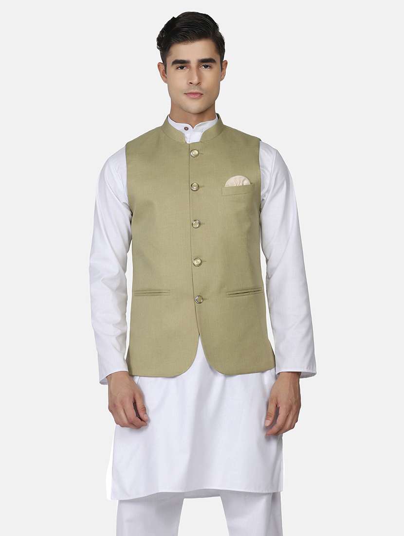men solid sleeveless regular fit nehru jacket