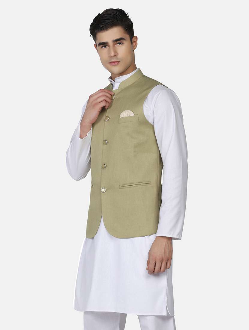 Men Solid Sleeveless Regular Fit Nehru Jacket - 22745494 -  Standard Image - 3