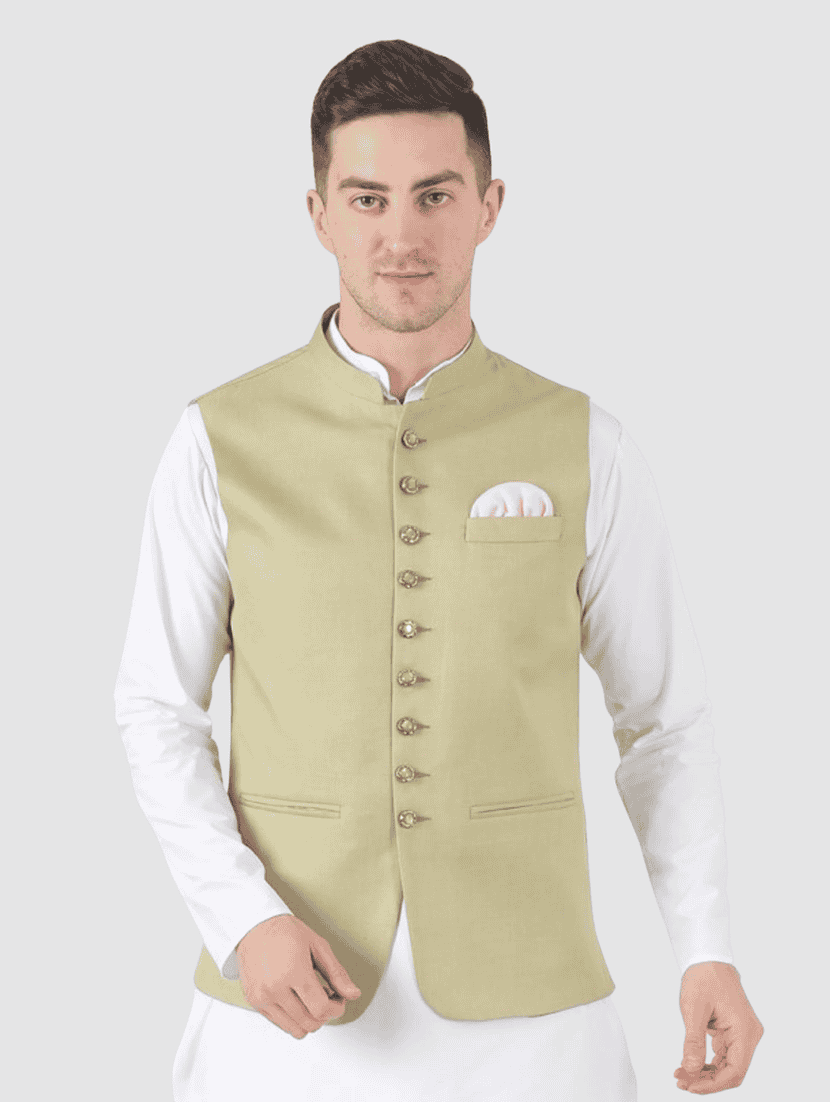 men solid sleeveless regular fit nehru jacket