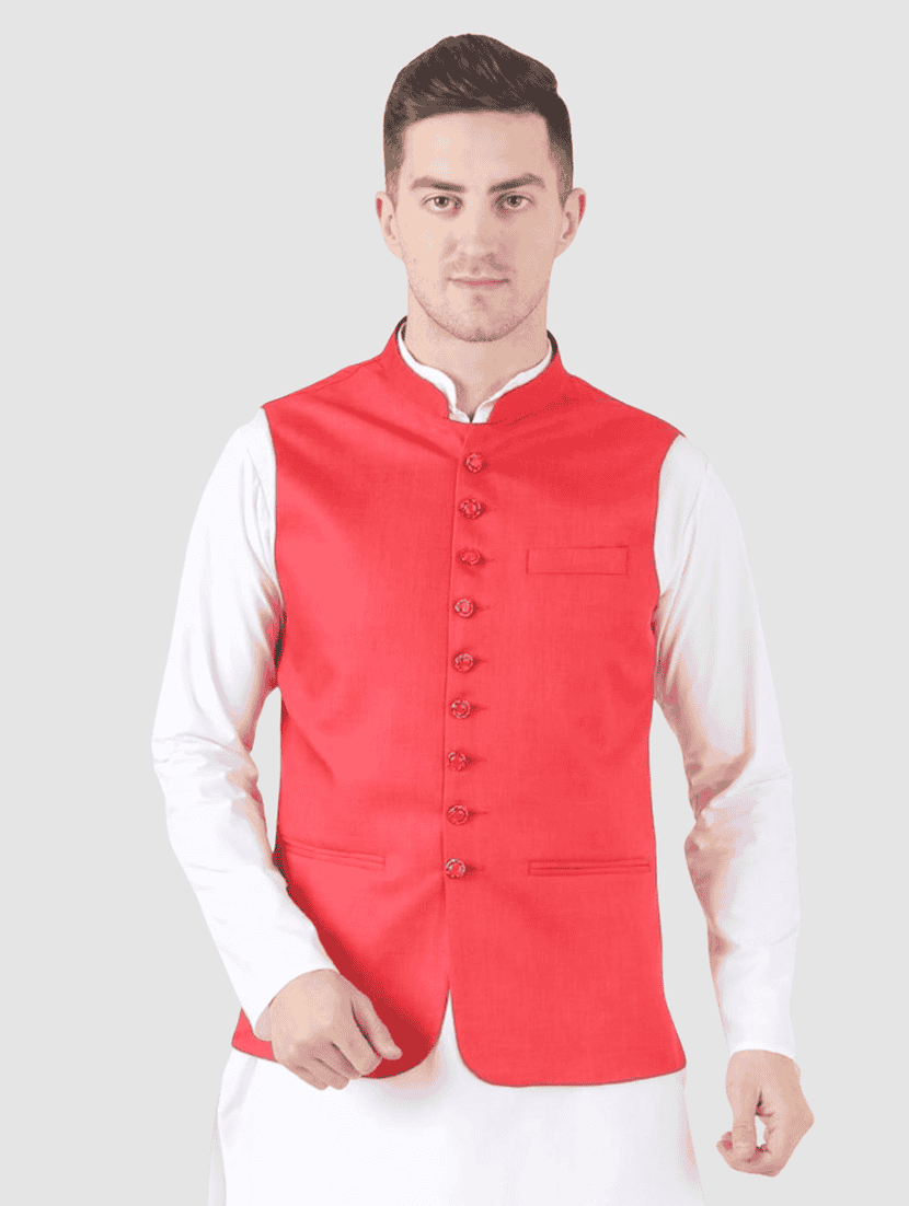 men solid sleeveless regular fit nehru jacket
