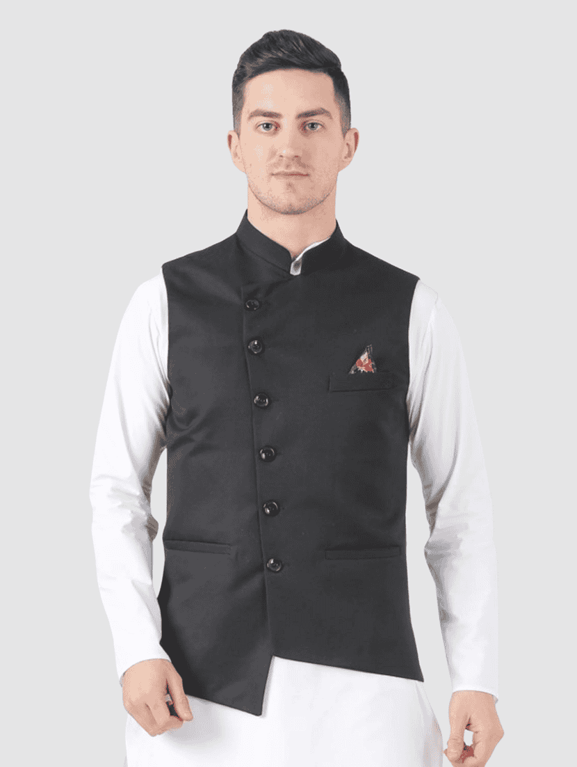 men solid sleeveless regular fit nehru jacket