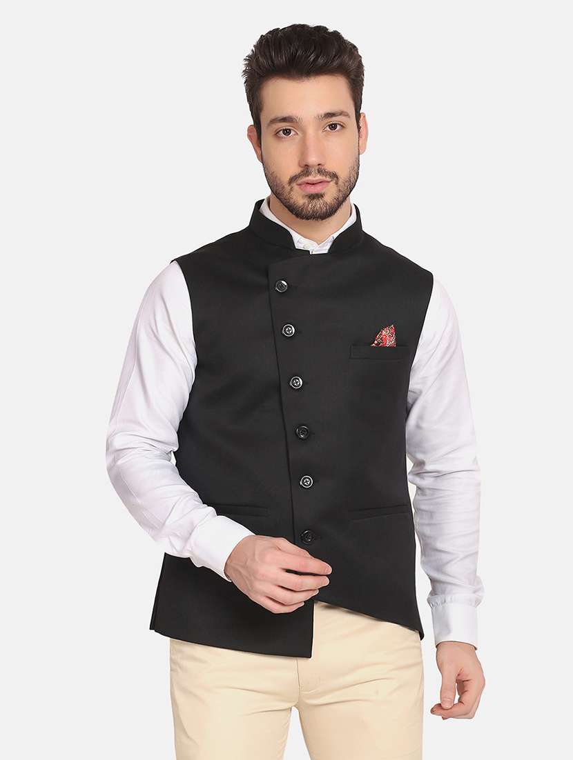 men solid sleeveless regular fit nehru jacket