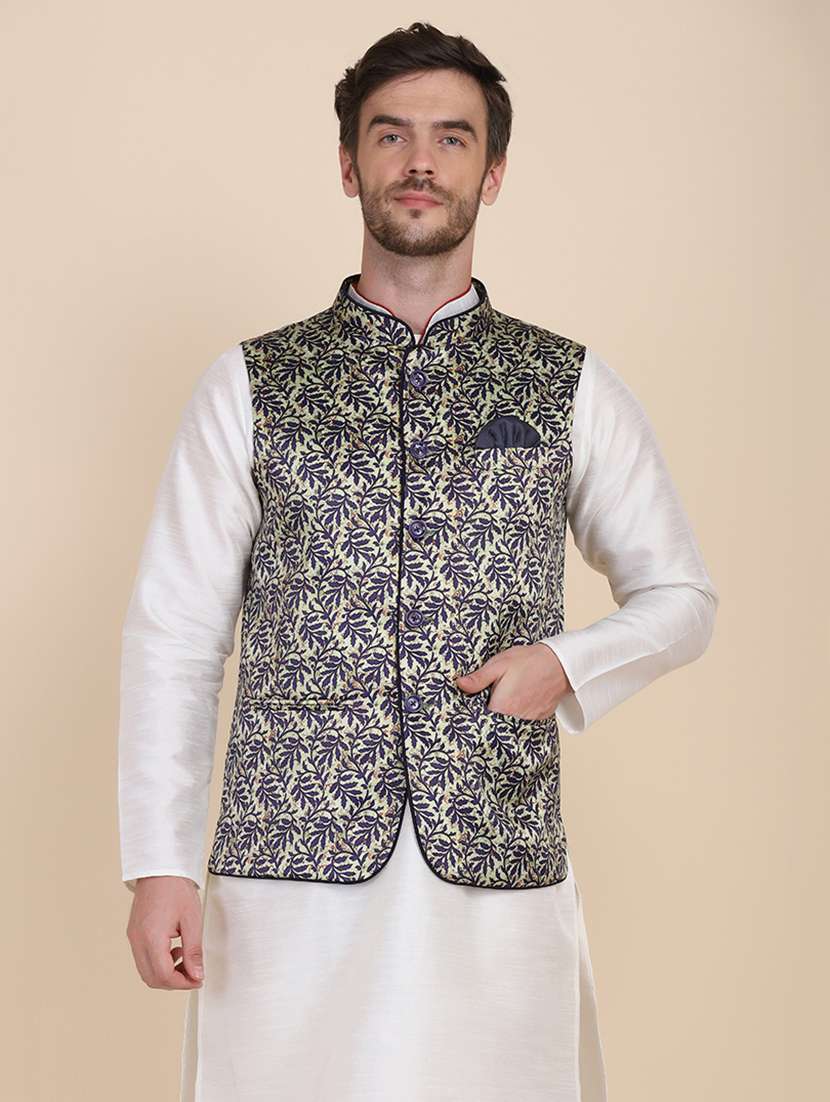 men printed sleeveless nehru jacket