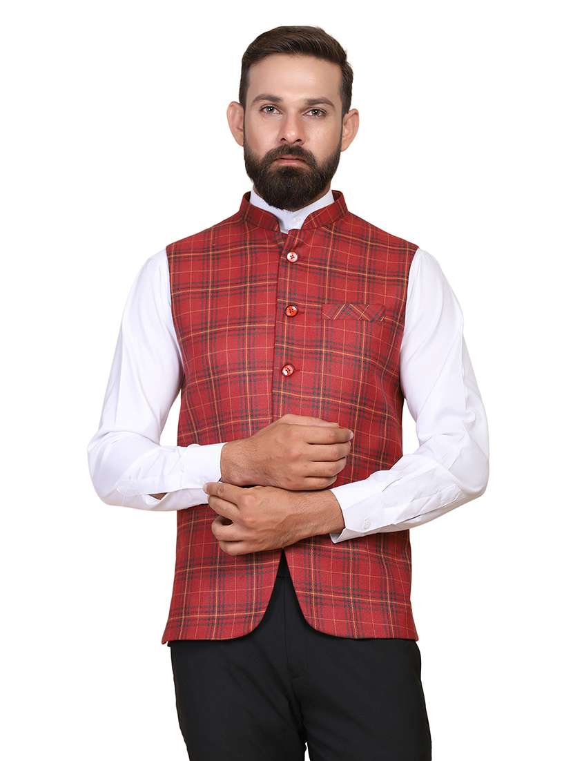 men checkered sleeveless regular fit nehru jacket