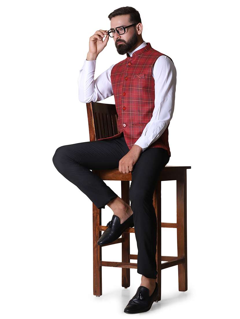 Men Checkered Sleeveless Regular Fit Nehru Jacket - 22745529 -  Standard Image - 5
