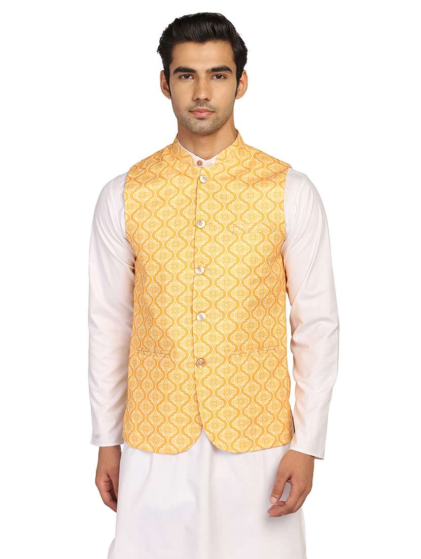 men printed sleeveless nehru jacket