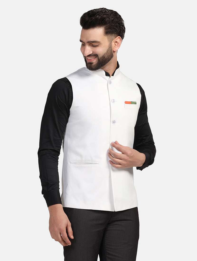 men solid sleeveless regular fit nehru jacket