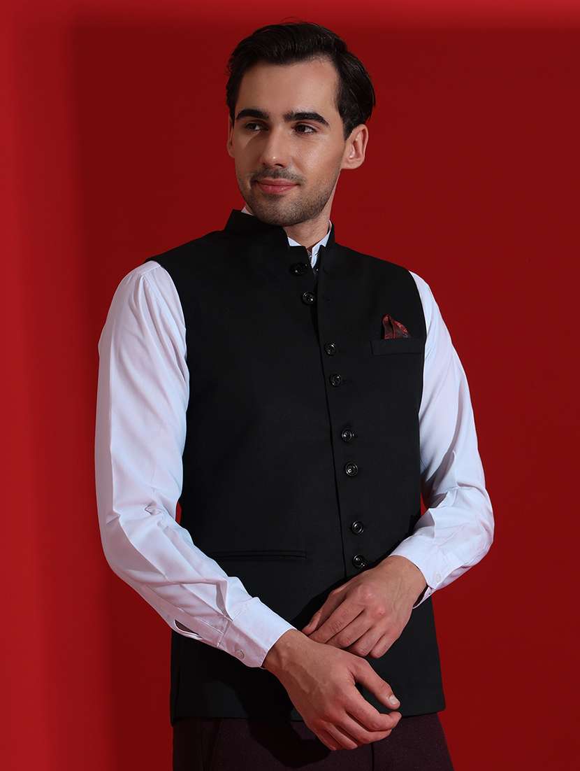 men solid sleeveless regular fit nehru jacket