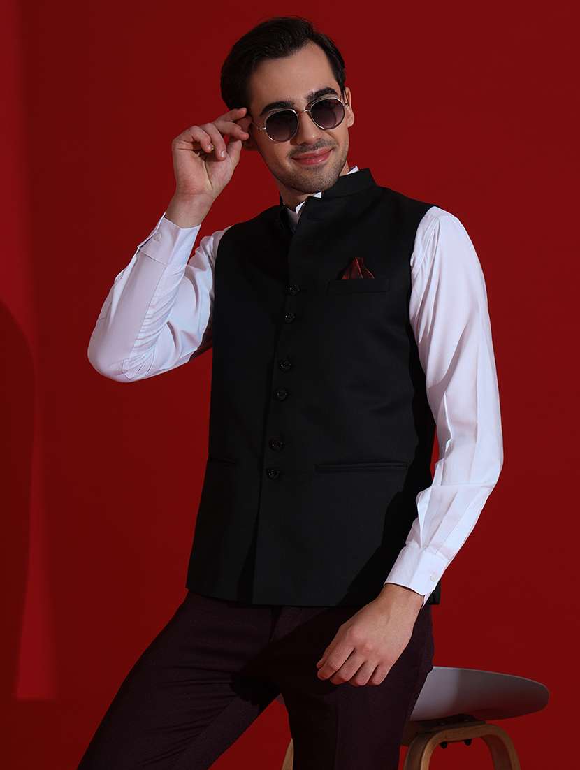 men solid sleeveless regular fit nehru jacket