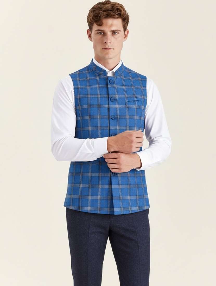 men checkered sleeveless nehru jacket
