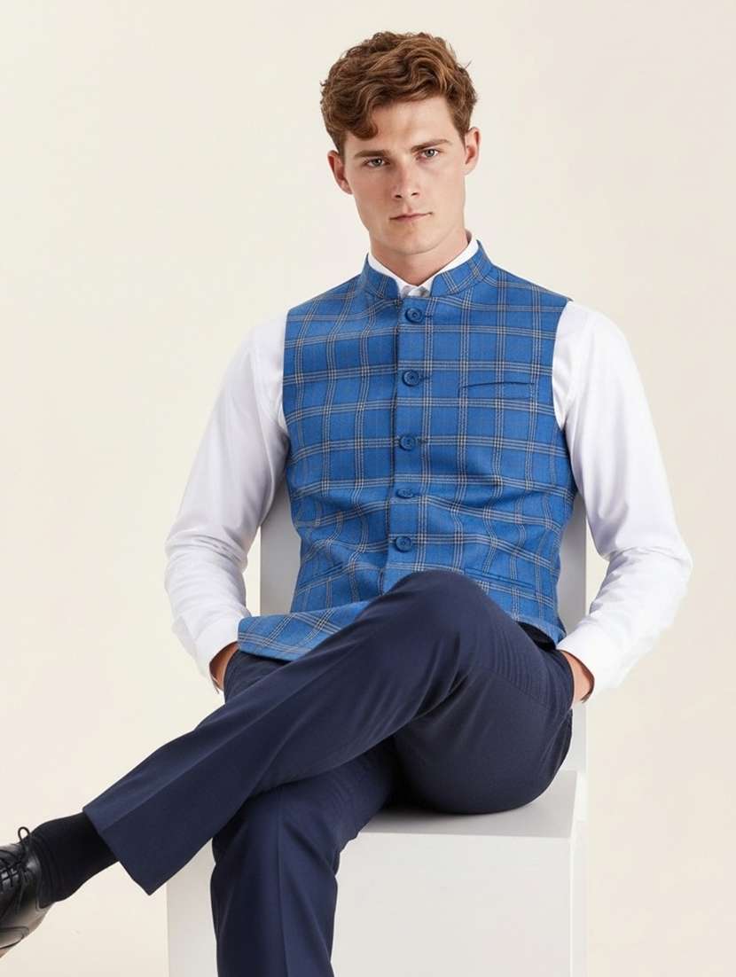 Men Checkered Sleeveless Nehru Jacket - 22745578 -  Standard Image - 5