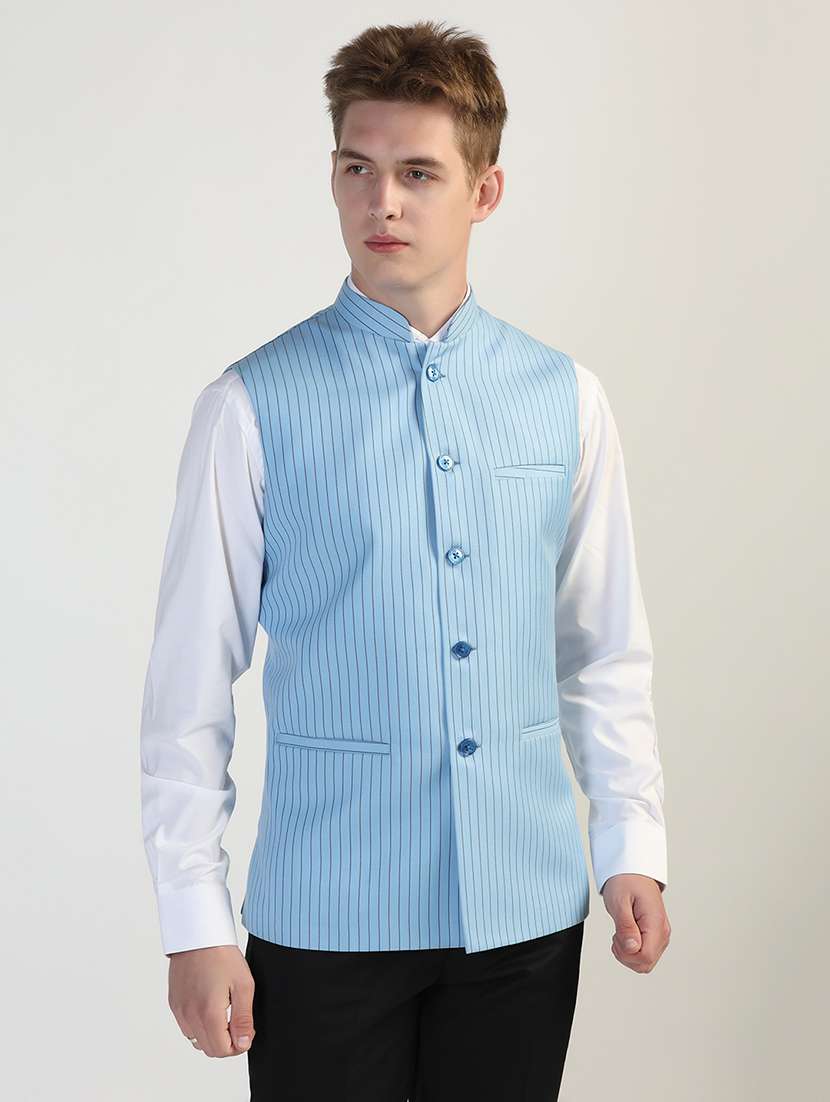 men striped sleeveless nehru jacket