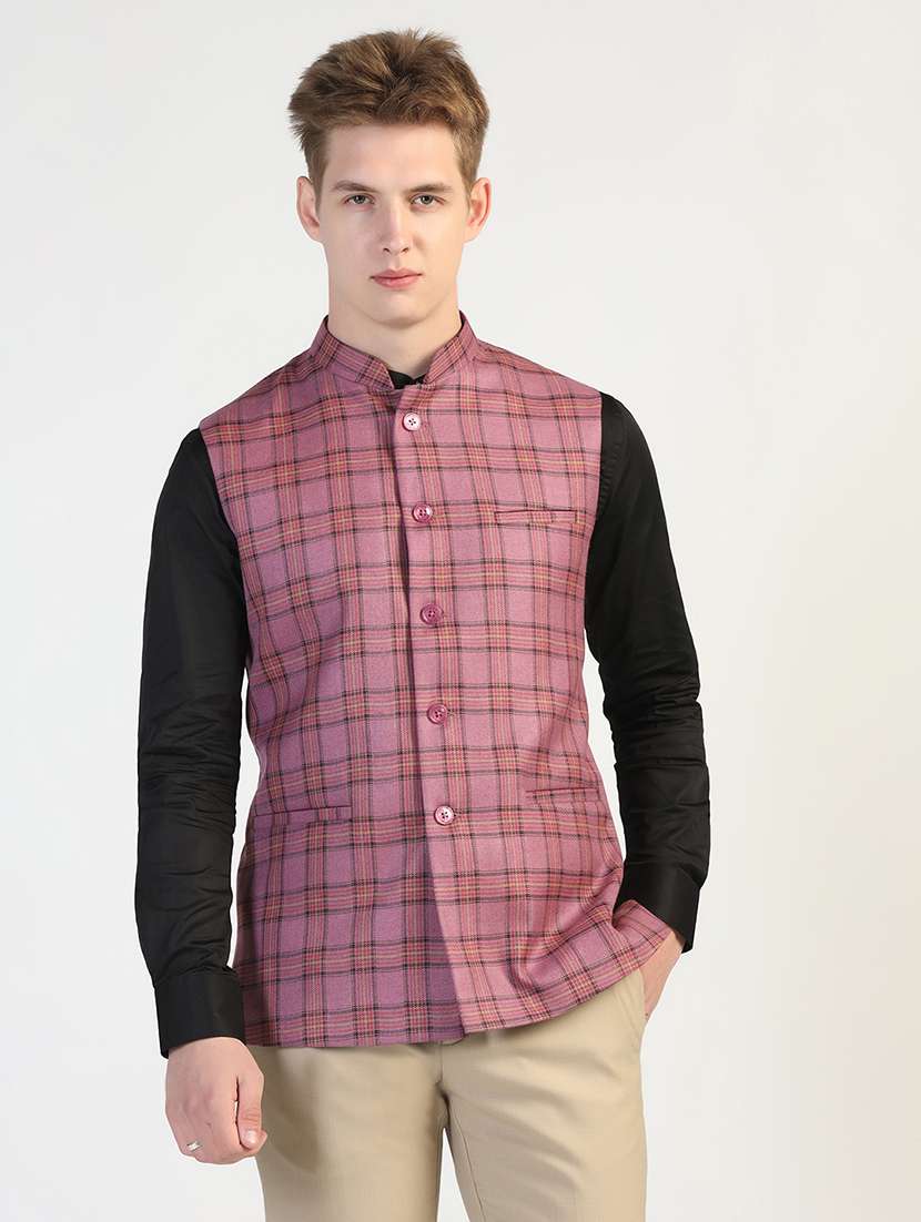 men checkered sleeveless nehru jacket