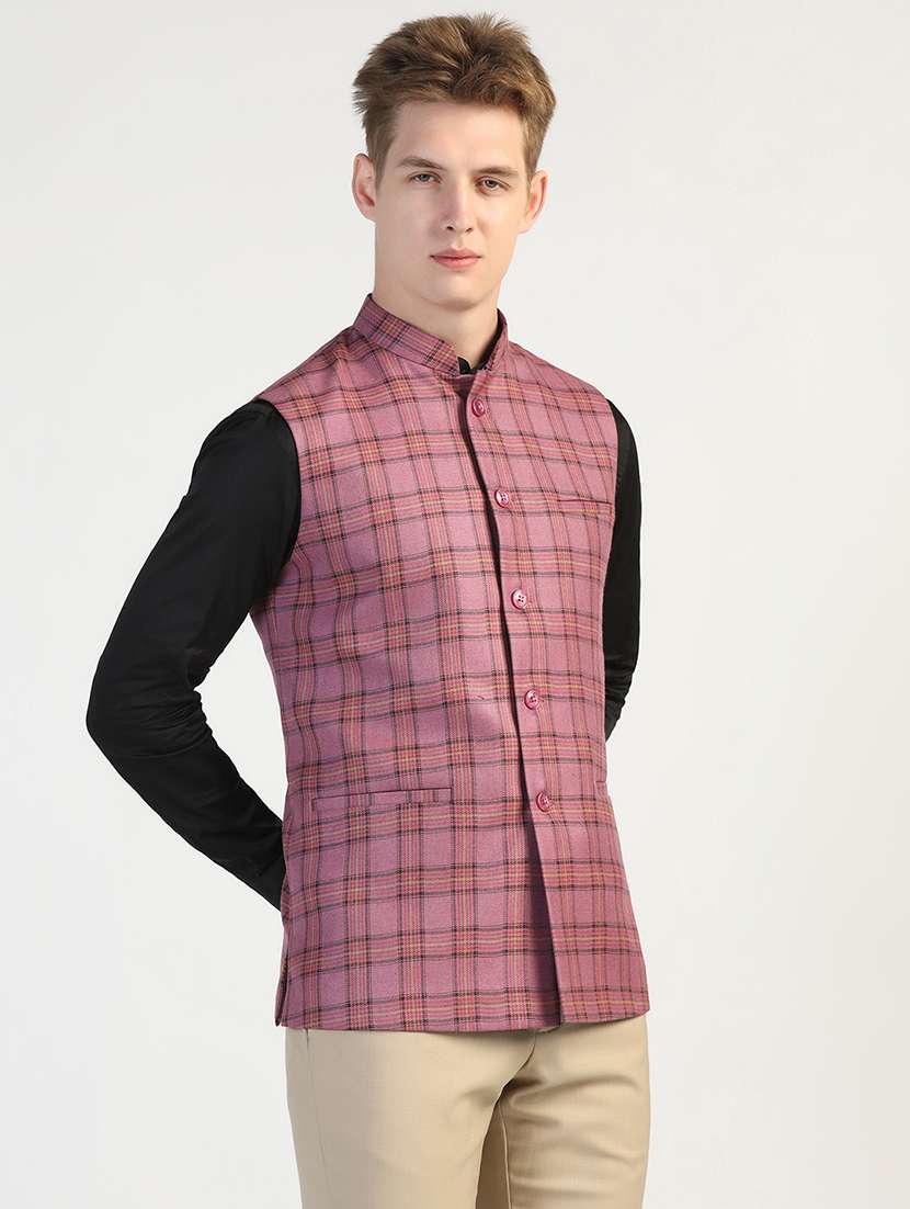 Men Checkered Sleeveless Nehru Jacket - 22745583 -  Standard Image - 3