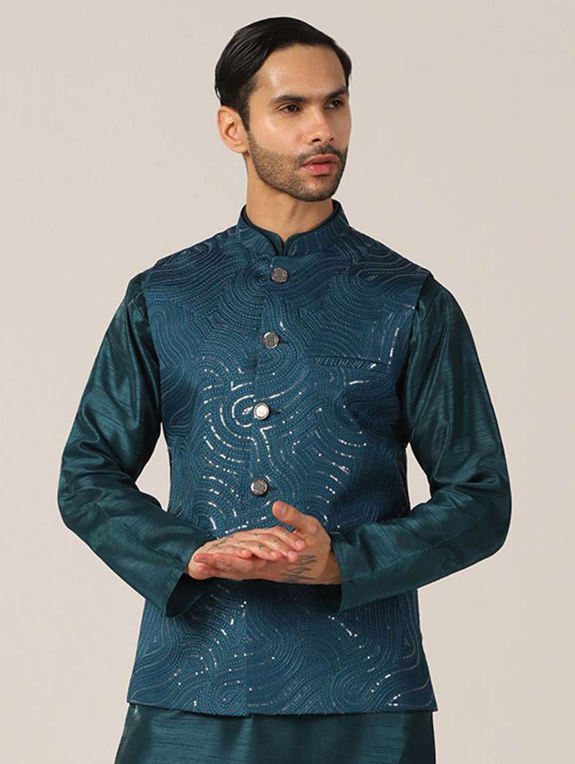 men solid with work mandarin neck regular fit nehru jacket