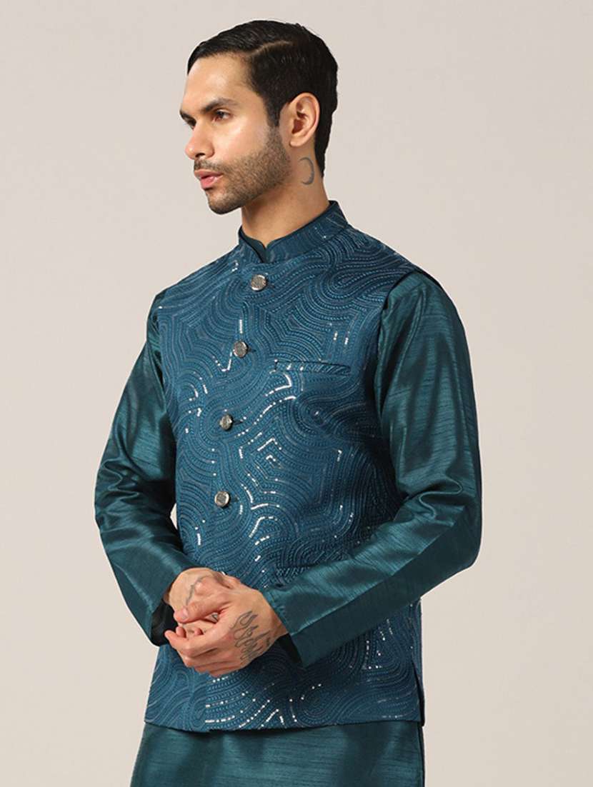 Men Solid With Work Mandarin Neck Regular Fit Nehru Jacket - 22745587 -  Standard Image - 3