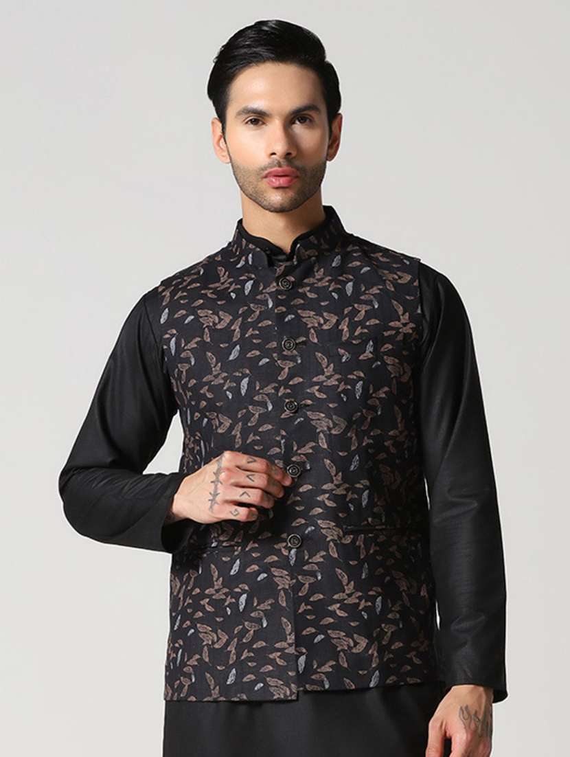men printed mandarin neck regular fit nehru jacket