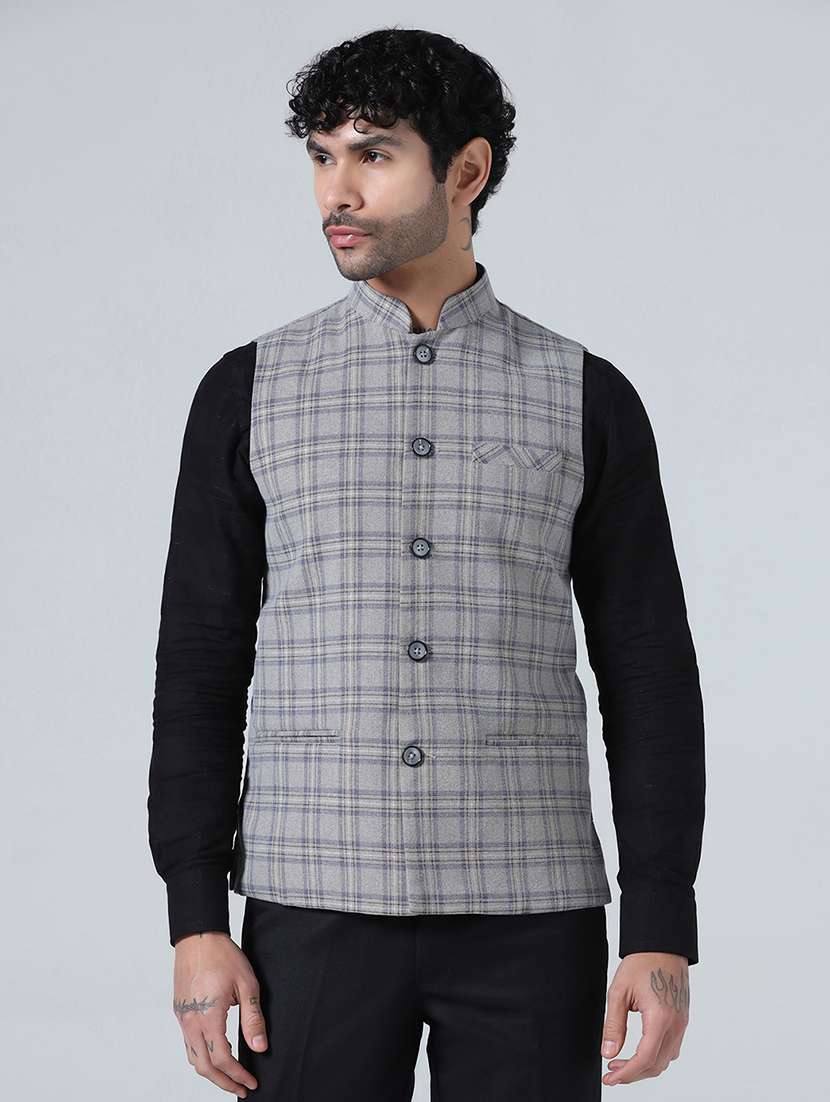 men checkered mandarin neck regular fit nehru jacket