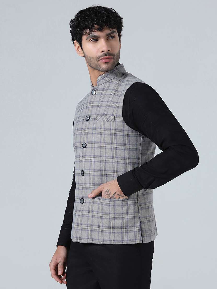 Men Checkered Mandarin Neck Regular Fit Nehru Jacket - 22745589 -  Standard Image - 3