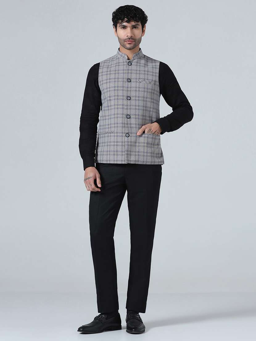 Men Checkered Mandarin Neck Regular Fit Nehru Jacket - 22745589 -  Standard Image - 5