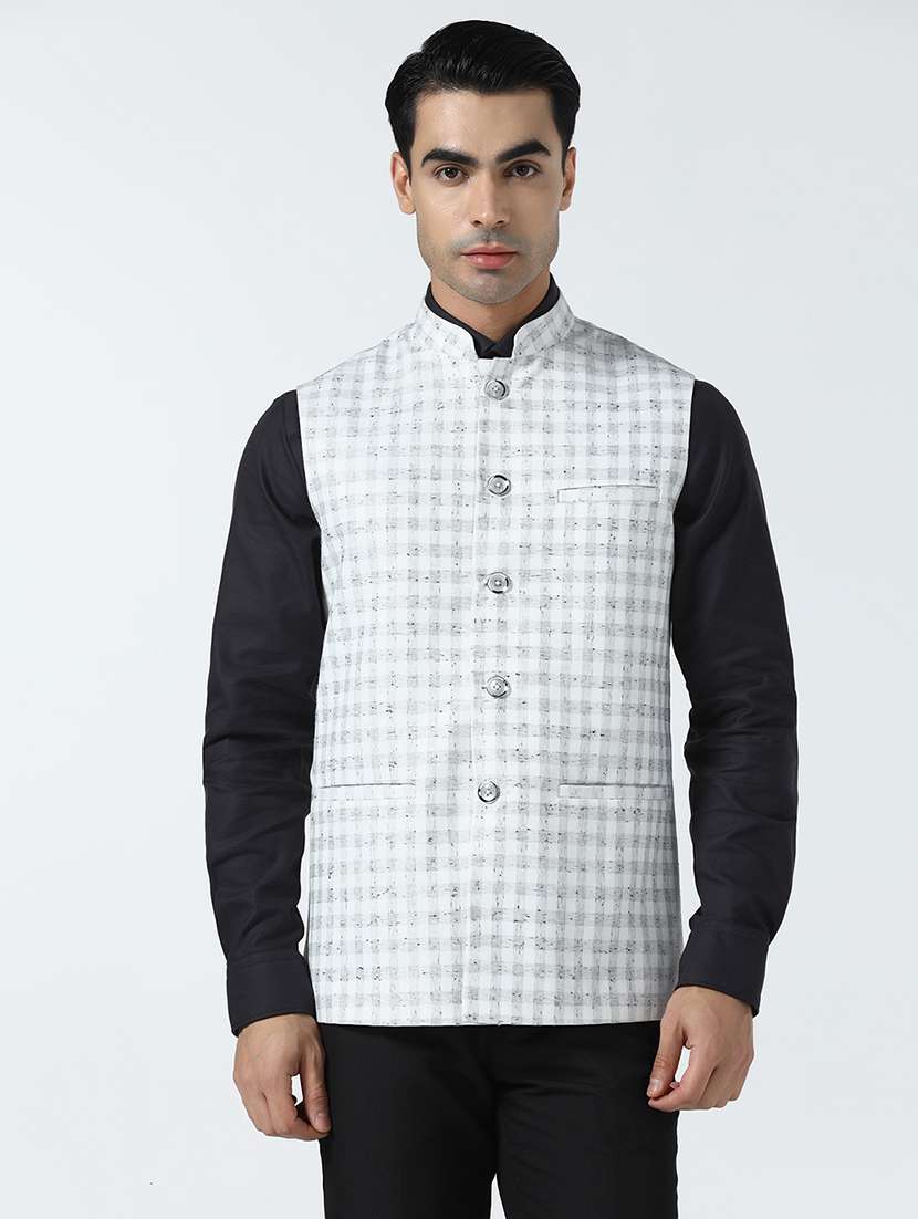 men checkered mandarin neck regular fit nehru jacket