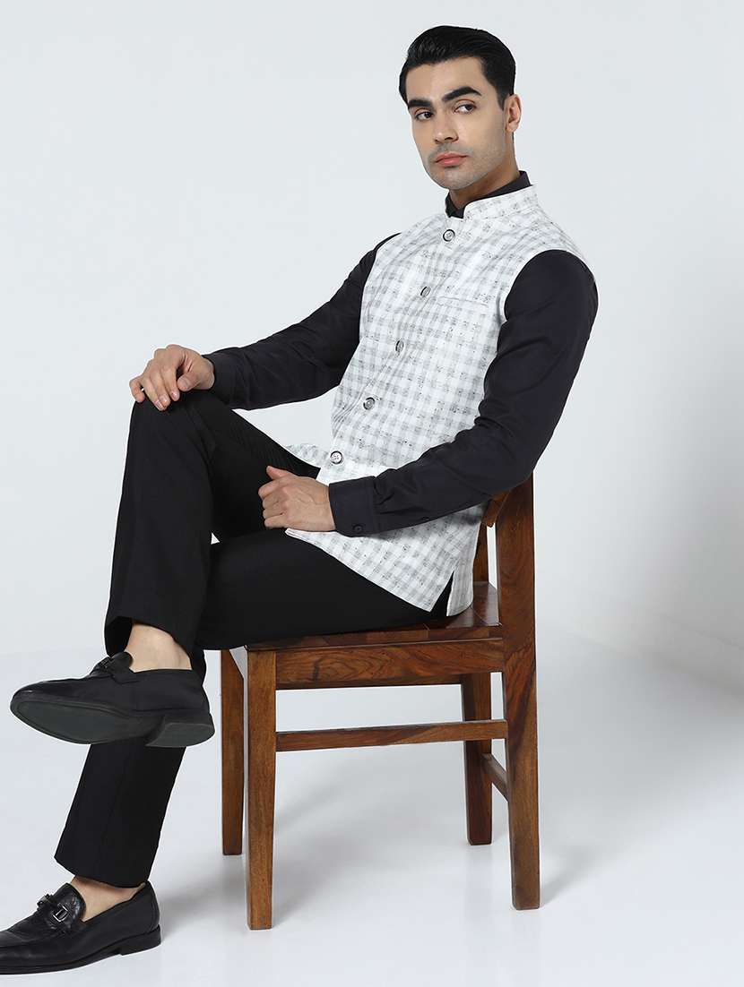 Men Checkered Mandarin Neck Regular Fit Nehru Jacket - 22745597 -  Standard Image - 5