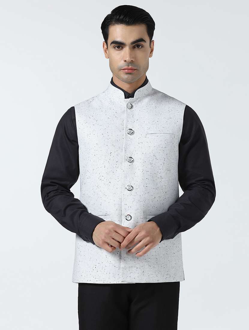 men checkered mandarin neck regular fit nehru jacket
