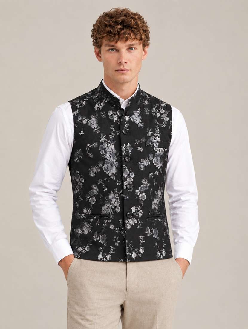 men floral sleeveless regular fit nehru jacket