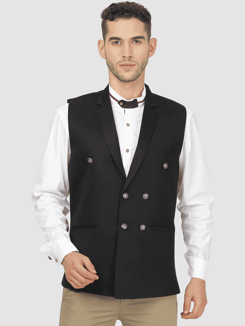 men solid sleeveless double breast waist coat