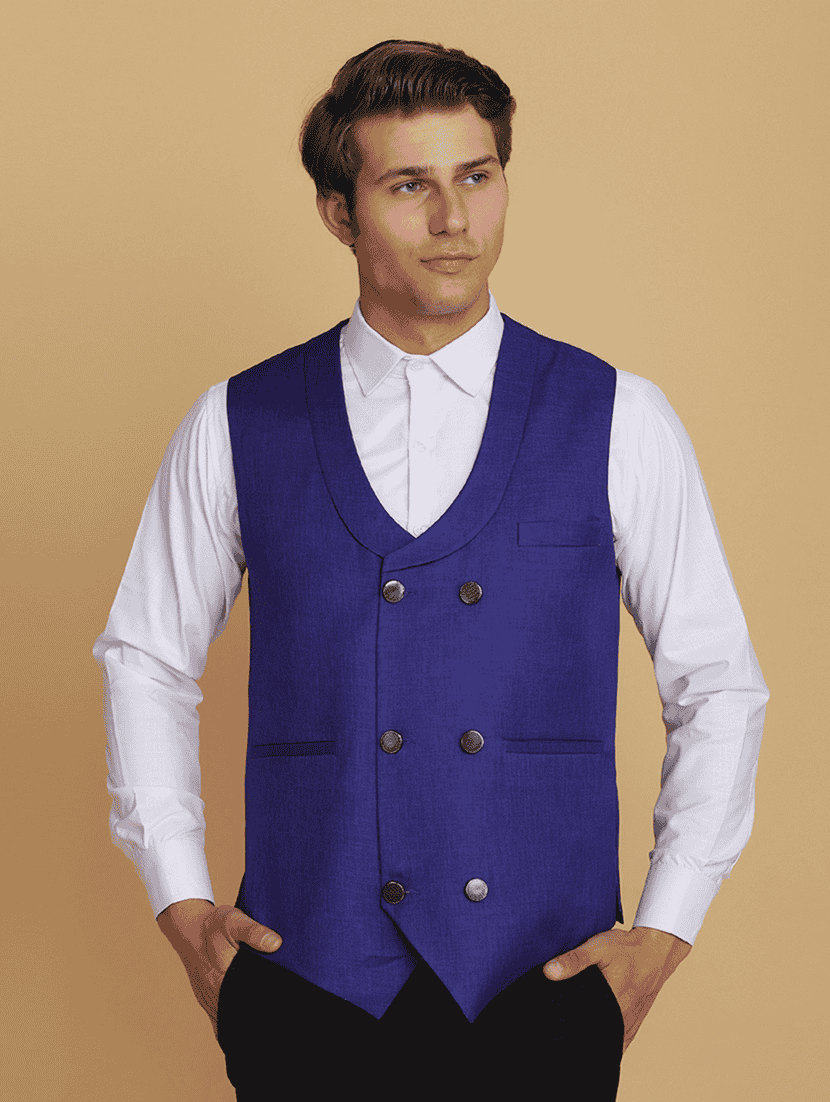 men solid sleeveless double breast waist coat