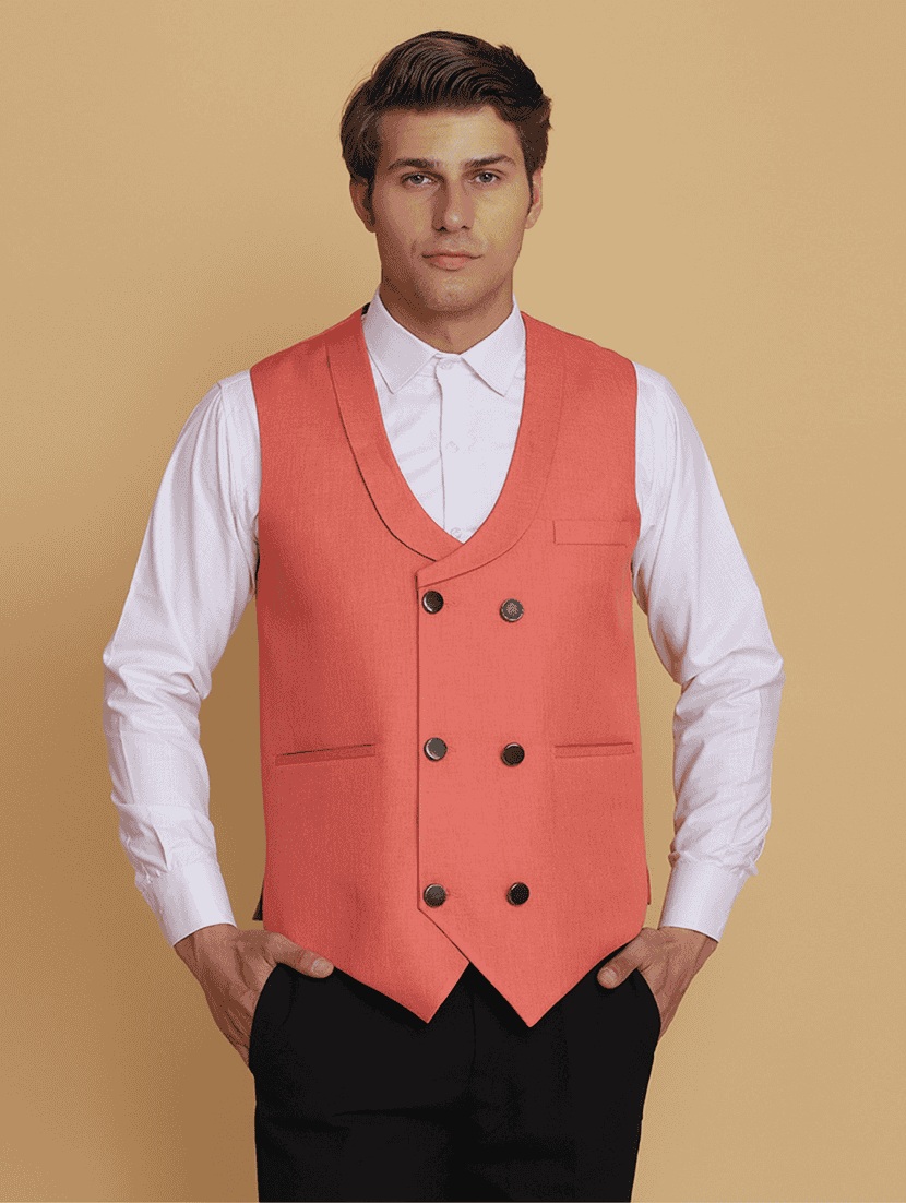 men solid sleeveless double breast waist coat