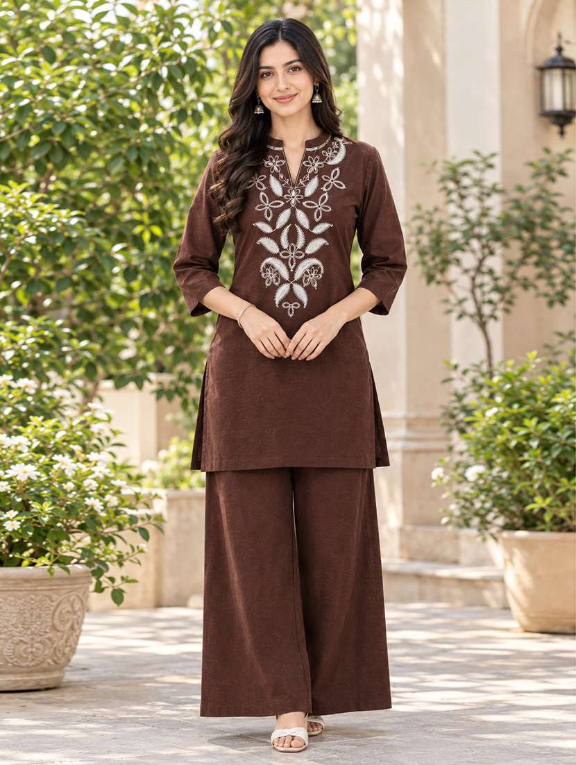 women embroidered three quarter sleeves kurta palazzo set