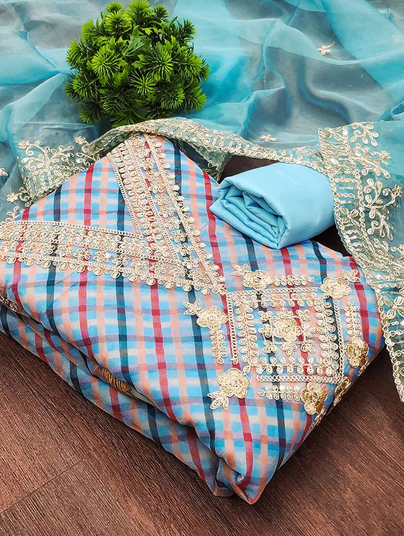 women checkered embroidered unstitched suit set