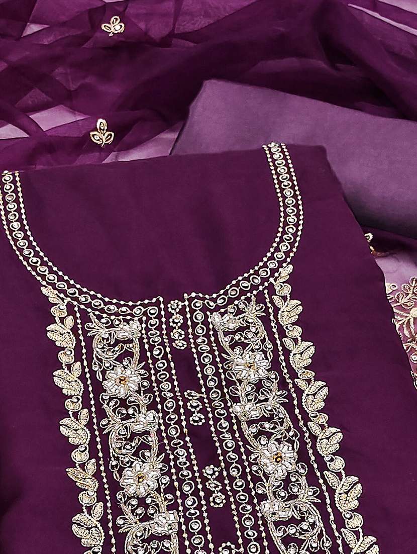 Women Solid With Work Unstitched Suit Set - 22747827 -  Standard Image - 3