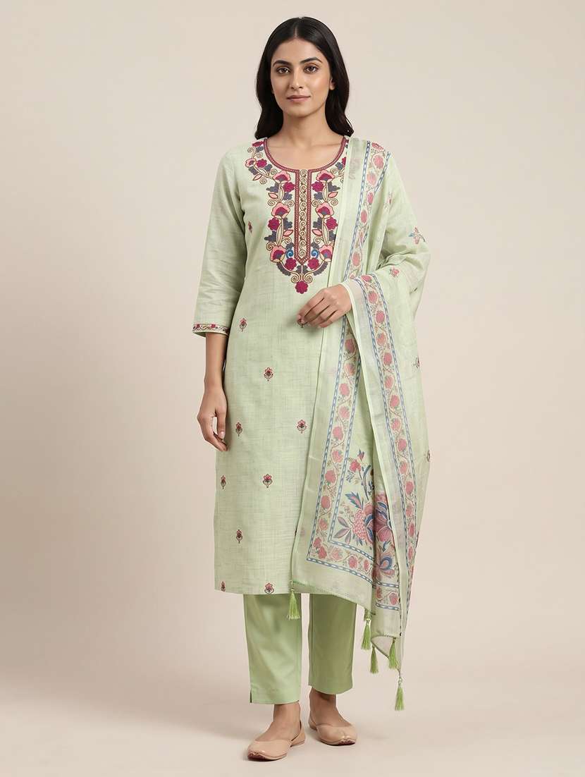 women solid with work unstitched suit set