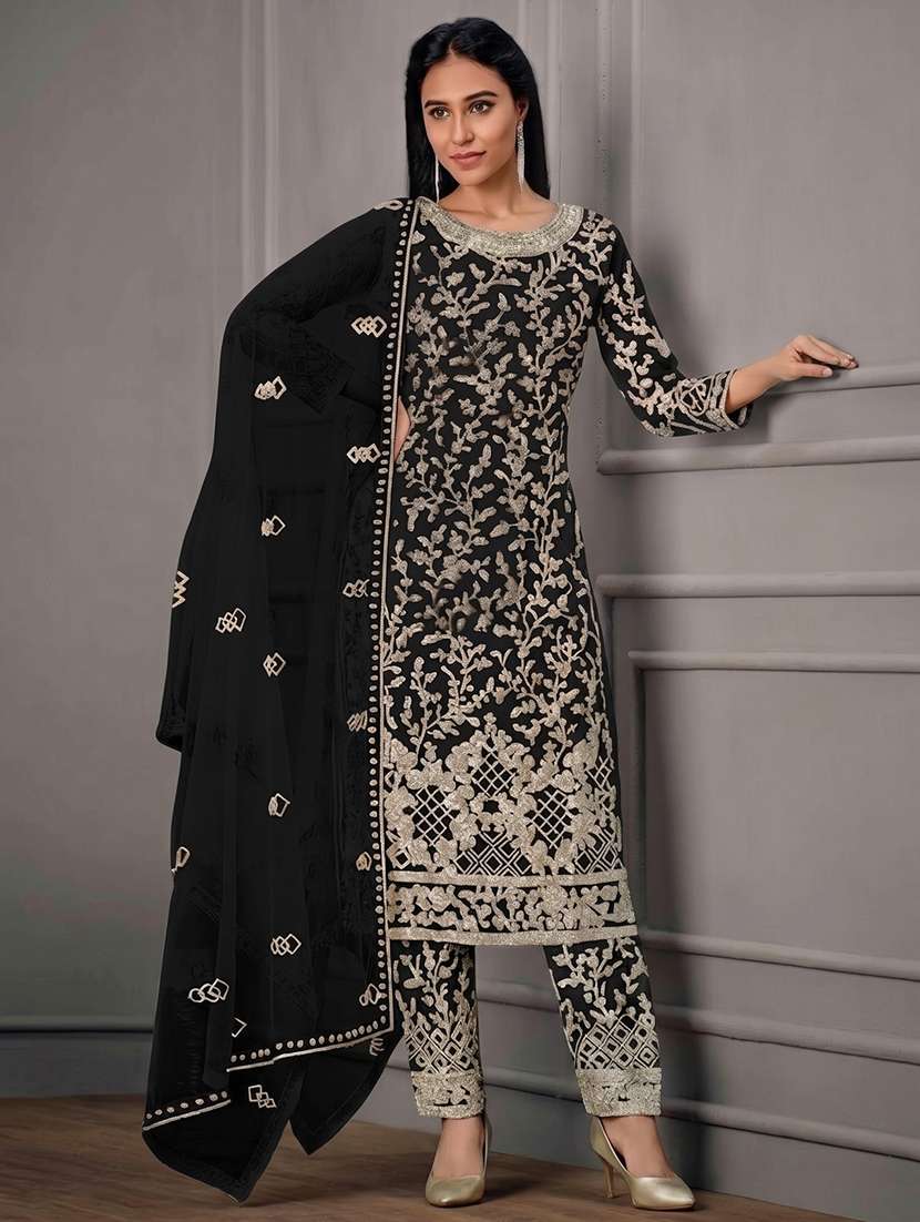 women solid with work unstitched suit set