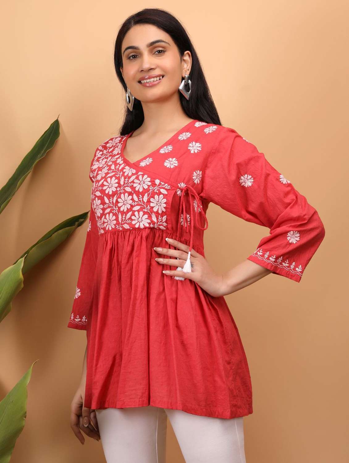 women embroidered three quarter sleeves a-line top