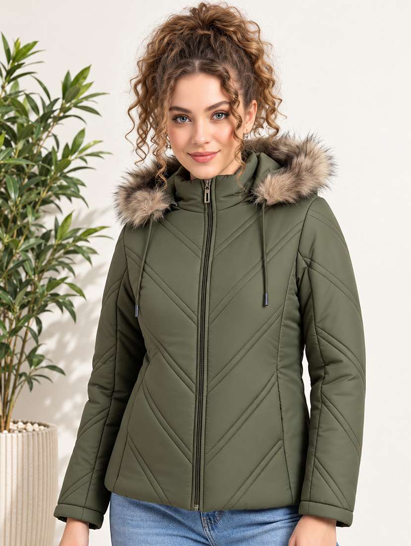 women solid long sleeves hooded quilted jacket